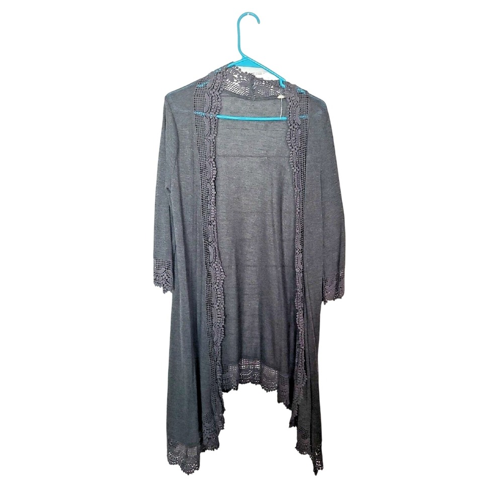 Easel Charcoal Grey Crochet Lace‎ Trim Duster Cardigan Open Front Cotton Small